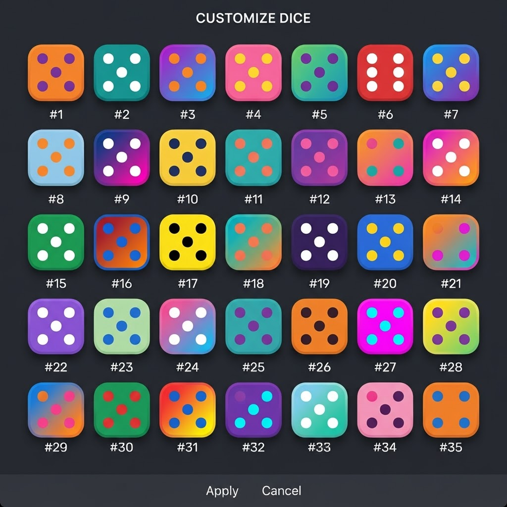 A grid of flat dice faces each styled with different solid and gradient colors, borders and dot colors